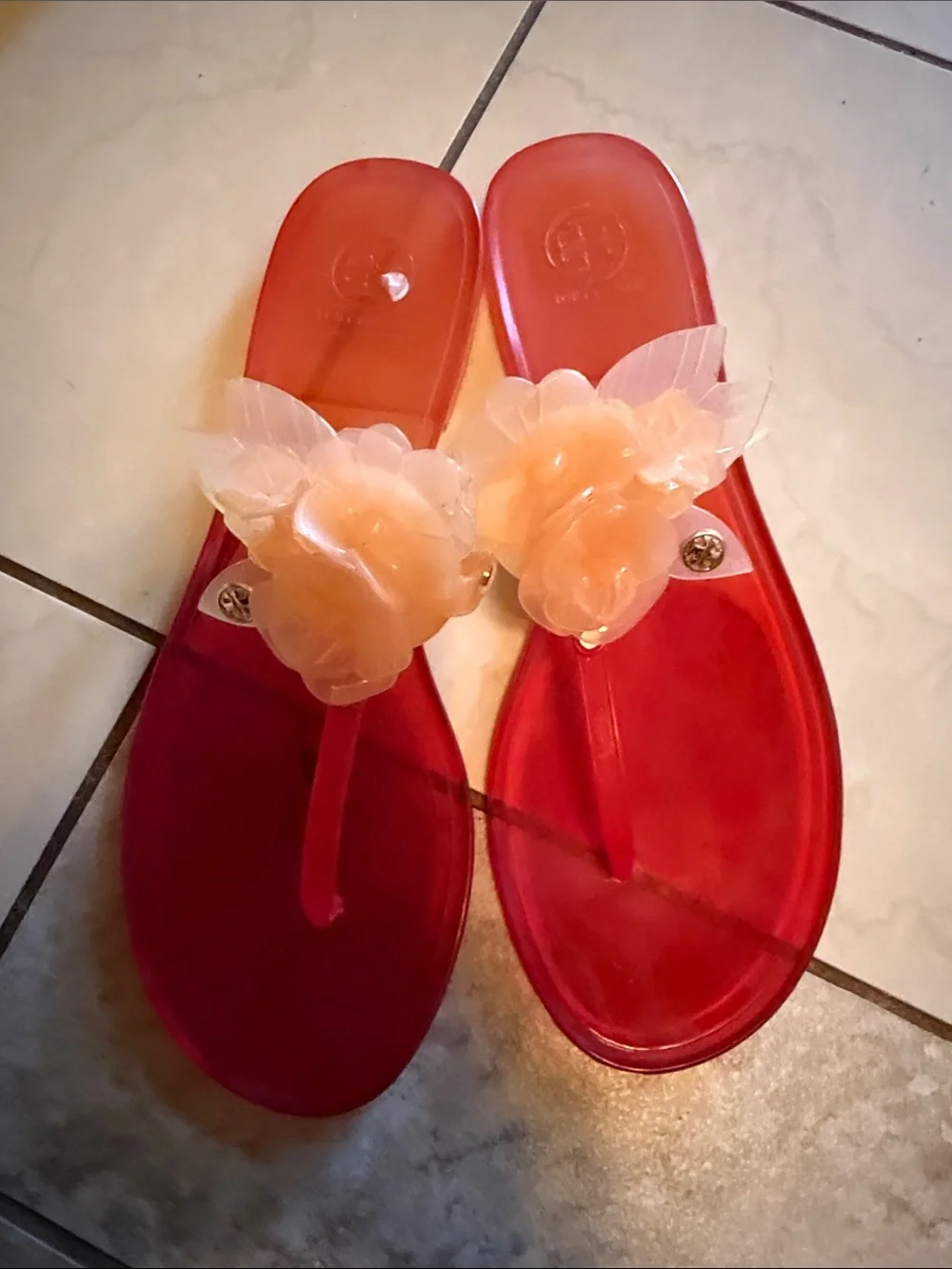 Tory Burch Transparent Pink Jelly Flip Flops with Peach Floral Accent - Picture 1 of 4